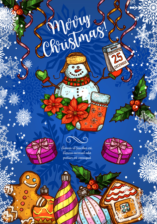 Merry Christmas greeting card sketch design of snowman and Santa gifts, Christmas tree and New Year decoration wreath. Vector ribbon and golden bell garland of balls, stars and bells winter holidaysのイラスト素材