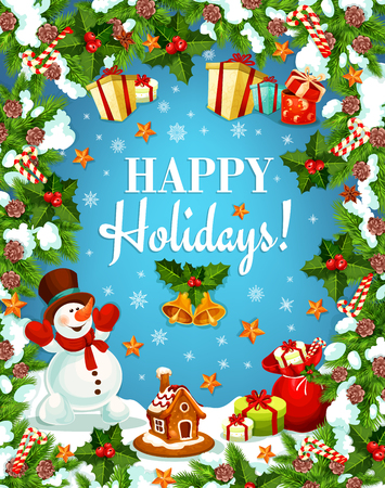 Christmas greeting card with snowman with gift bagsのイラスト素材