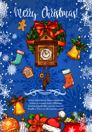 Christmas sketch greeting card with vintage clock.のイラスト素材