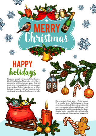 Merry Christmas wish greeting card sketch design for winter holidays celebration. Vector Santa gifts in sleigh under Christmas tree, golden bell or ball decoration and candle in wreath garlandのイラスト素材