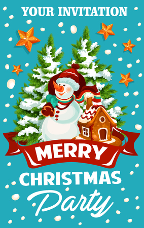 Christmas and New Year holiday celebration party template. Snowman with Xmas tree and Santa gift bag, gingerbread cookie house and star invitation design with ribbon banner and snowflake decorationのイラスト素材