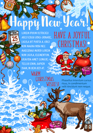 Happy New Year typography with Santa Claus, gifts, reindeer and many more Christmas elements in colorful illustration which can be use for greeting cards, poster, invitation.のイラスト素材