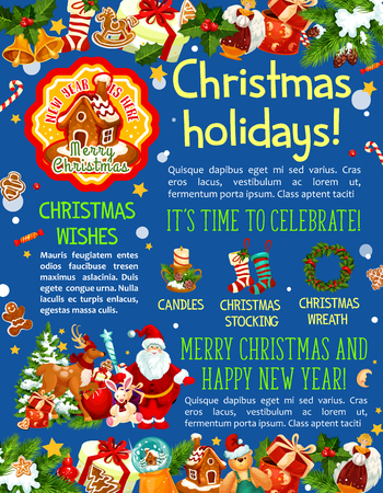 Christmas Holidays typography with Santa Claus, gifts, wreath and many more Christmas elements in colorful illustration which can be use for greeting cards, poster, invitation.のイラスト素材