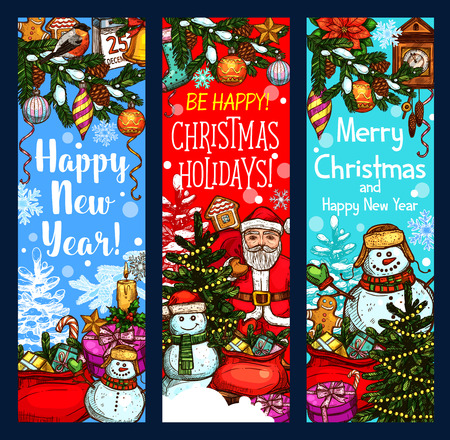Set of Holiday greetings with Santa Claus, gifts, wreath, snowman and many more Christmas elements in colorful illustration which can be use for greeting cards, poster, invitation.のイラスト素材