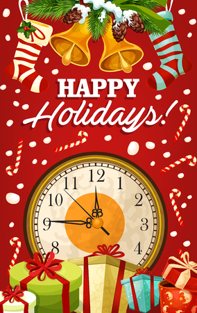 Holiday greetings template with clock, gifts, bell, candy cane and many more Christmas elements in colorful illustration which can be use for greeting cards, poster, invitation.のイラスト素材