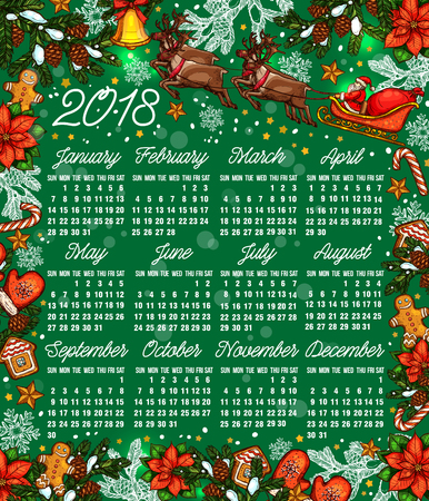 Calendar template with Christmas garland and gifts in colorful illustration.