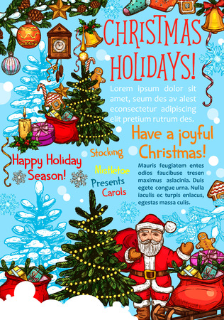 Holiday greetings template with Christmas tree, gifts, Santa Claus and many more Christmas elements in colorful illustration which can be use for greeting cards, poster, invitation.のイラスト素材