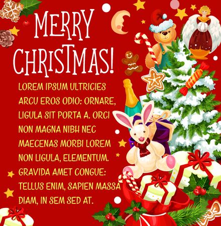 Christmas tree with gift greeting card template. Santa gift bag with present box, Xmas tree and holly berry, ribbon bow, candy and cookie winter holidays festive poster, adorned with star and snowのイラスト素材