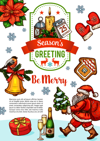 Merry Christmas wish greeting card sketch for winter holidays celebration. Vector Santa with gift presents and Christmas tree holly wreath garland decoration of golden bell and New Year red ribbonのイラスト素材