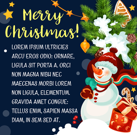 Merry Christmas wish greeting card of snowman with Santa gifts and Christmas tree garland of golden bell and star. Vector holly wreath and New Year gingerbread cookie for winter holiday celebrationのイラスト素材