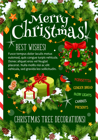 Merry Christmas wish greeting card for winter holidays celebration. Vector Santa gift presents under Christmas tree, holly wreath garland decoration garland of golden bell and star lights in snowのイラスト素材