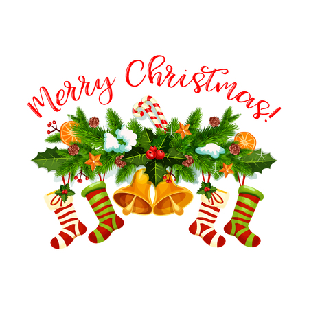Merry Christmas greeting wish icon of New Year gift stocking on holly or fir wreath for winter holiday greeting card design. Vector Christmas tree garland decoration of golden bells and ballsのイラスト素材