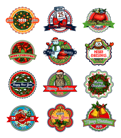 Christmas and New Year gift label and badge set. Xmas tree and holly wreath, bell, snowman and present, Santa, candle and owl, calendar, ball and ribbon banner for winter holidays decoration designのイラスト素材