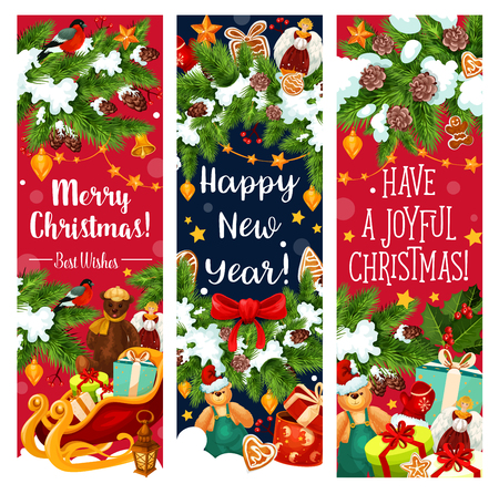 Merry Christmas and Happy New Year wish greeting banners for winter holidays celebration. Vector Santa gifts under Christmas tree, decoration garland of golden bell and star, snowman and holly wreathのイラスト素材