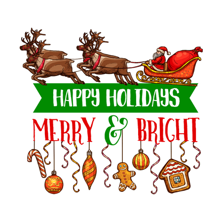 Christmas holiday sketch with Santa Claus in sleigh and reindeer design and other Christmas elements in colorful illustration which can be use for greeting card, poster and invitation.のイラスト素材