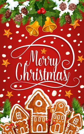 Christmas holiday sketch with Merry Christmas text, gingerbread houses and other Christmas elements in colorful illustration which can be use for greeting card, poster and invitation.のイラスト素材