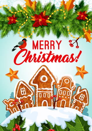Christmas holiday sketch with Merry Christmas text, gingerbread houses and other Christmas elements in colorful illustration which can be use for greeting card, poster and invitation.のイラスト素材