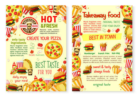 Fast food pizza burger takeaway vector menu posterのイラスト素材