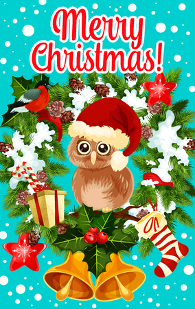 Merry Christmas holidays owl vector greeting cardのイラスト素材