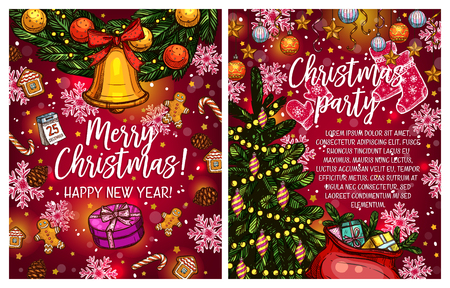 Merry Christmas greeting card sketch design of Christmas tree lights garland and Santa presents gift. Vector New Year decorations, snowflakes, golden bell and star or holly wreath for winter holidayのイラスト素材