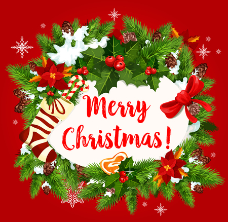 Merry Christmas wish greeting card for winter holidays design. Vector Christmas tree wreath decoration of cones, poinsettia and stocking in snow, red ribbon bows.のイラスト素材