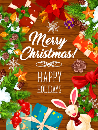 Christmas tree and gift festive wreath banner on wooden background. Xmas tree and holly berry garland with Santa present, ribbon and bow, New Year ball, light and star, snowflake and poinsettiaのイラスト素材