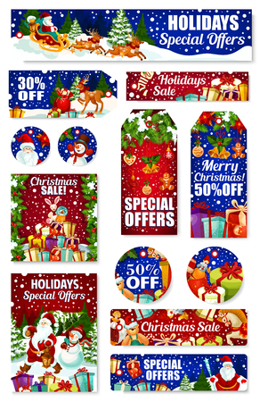Christmas gift sale tag. Santa and snowman with Xmas tree and New Year present in reindeer sleigh, holly and pine tree garland with bell, snowflake, ball and cookie for winter holiday discount designのイラスト素材