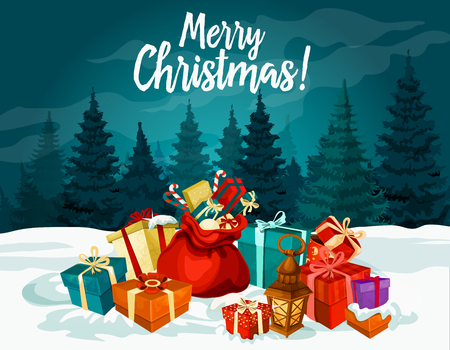 Merry Christmas holiday greeting card with New Year gift and Santa bag. Xmas present box with ribbon bow, candy and snow festive poster with Christmas tree and winter forest landscape on backgroundのイラスト素材