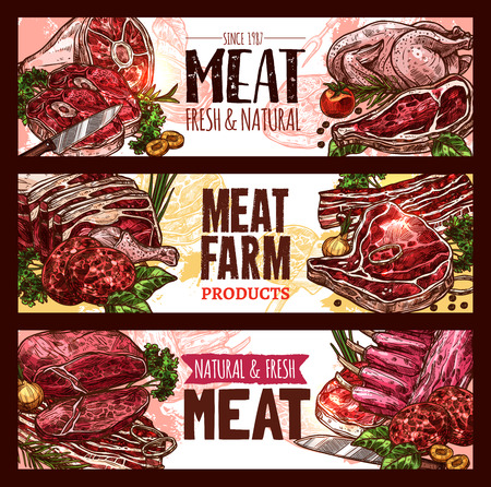 Meat, fresh cut of beef and pork sketch banner setのイラスト素材