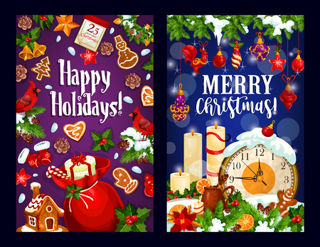 Christmas greeting card set with Santa gift bag and New Year midnight clock. Xmas tree and holly berry garland with bell, star and ball, candy, cookie, candle and calendar for festive banner designのイラスト素材