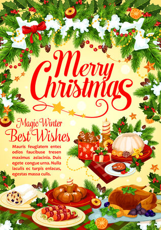 Christmas and New Year winter holidays greeting card with festive dinner and Xmas wreath. Turkey, pudding and gingerbread cookie, chocolate cake, fish and sweet bread for Christmas cuisine designのイラスト素材