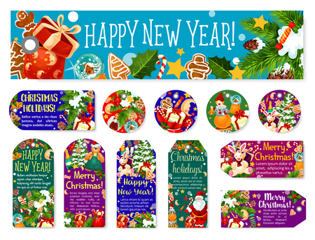 Merry Christmas and Happy New Year greeting card tags and banners design of Santa presents gift at Christmas tree. Vector Xmas holly wreath decoration, golden bell and snowman or gingerbread in snowのイラスト素材