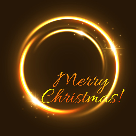 Christmas light greeting card of glowing golden circle. New Year neon ring of glowing swirl motion trail with Xmas star and shining sparkles for winter holidays party poster or invitation flyer designのイラスト素材