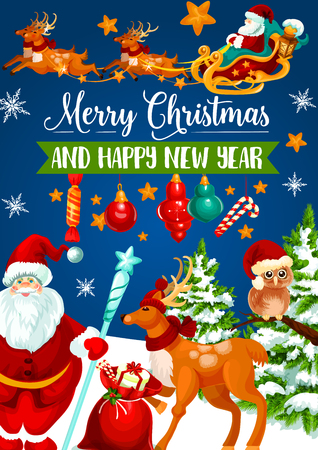 Christmas Santa sleigh with gift greeting cardのイラスト素材