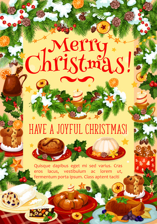 Christmas turkey and cake greeting banner of festive dinner. Winter holiday party table with chicken, cookie, wine and pudding, adorned by Xmas garland, holly, snow and star for invitation designのイラスト素材