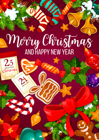 Christmas and New Year winter holidays greeting card. Xmas tree and holly wreath with bell, snow and candy, ball, star and sock, cookie, ribbon and calendar for festive poster designのイラスト素材