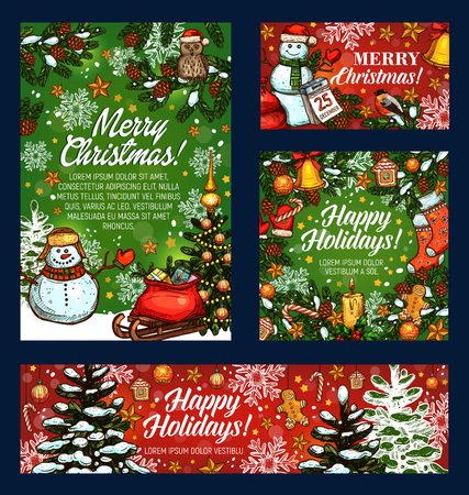 Merry Christmas holiday vector sketch greetingのイラスト素材