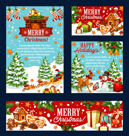 Christmas holiday card with Santa, snowman, giftのイラスト素材