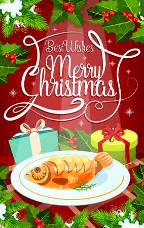 Christmas Eve dinner greeting card with gift and baked fish. Stuffed carp and present box on festive table, decorated with Xmas tree and holly branch, snowflake and ribbon for invitation banner designのイラスト素材
