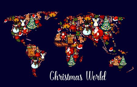 Christmas world map with New Year holiday symbol.のイラスト素材