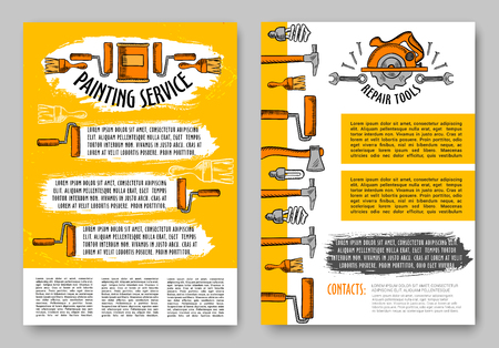 Repair and paint tool sketch poster of home renovation and interior design template. Hammer, screwdriver, spanner, paint brush and roller, wrench, axe and saw web banner for construction themes designのイラスト素材