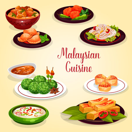 Malaysian Cuisine Icon Of Asian Restaurant Menu Chicken Vegetable Stew Rice Nasi Lemak With Veggies And Chili Sauce Meat Pie Coconut Dessert And Prawn Pancake Bean Salad And Vanilla Sponge Cake Tasmeemme Com