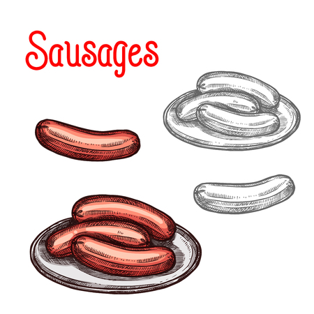 Meat sausage on plate isolated sketch. Raw beef sausage or smoked pork frankfurter for butcher shop or meat store label, barbeque snack and food packaging designのイラスト素材