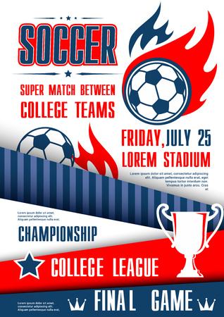 Soccer sport tournament match poster of college football league. Soccer ball with winner trophy cup sporting banner, decorated with flame, crown and star for football championship game promotion.のイラスト素材