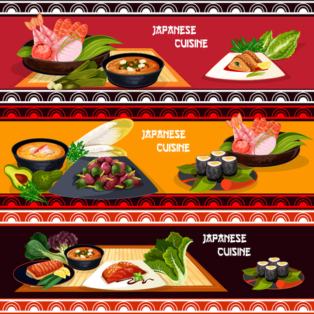 Japanese Cuisine Restaurant Menu Banner Set Of Seafood Dishes