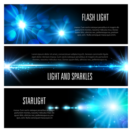 Light effect banner set with blue shine of light flash, glare of sun and star, glow of bright ray with glitter, sparkles, lens flare and bokeh. Christmas holiday invitation or space themes designのイラスト素材