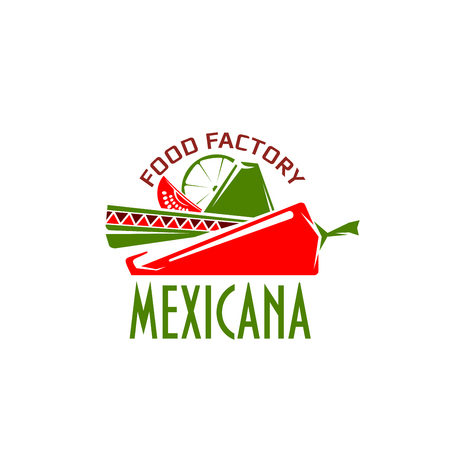 Mexican cuisine icon Mexicana for Mexico restaurant or traditional food cafe and menu design template. Vector isolated symbol of sombrero hat and red chili or jalapeno pepper, line and guava.のイラスト素材