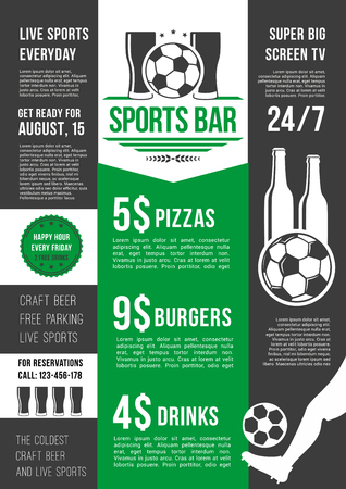 Soccer sports bar or football fan club beer pub menu template. Vector price for beer drink, fast food snacks and pizza or burgers for live football team league championship or football game tournament.のイラスト素材