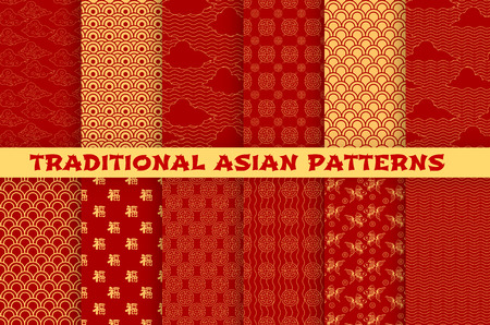 Asian seamless pattern set with oriental traditional ornament. Chinese and japanese golden pattern of hieroglyph, cloud, gold fish and lucky coin on red background for wallpaper or textile designのイラスト素材