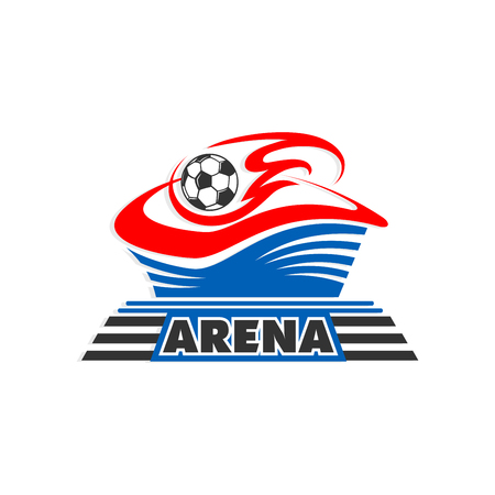 Football arena or soccer stadium icon design template for championship. Vector isolated soccer ball with red wings on blue arena for tournament goal or international match championship.のイラスト素材